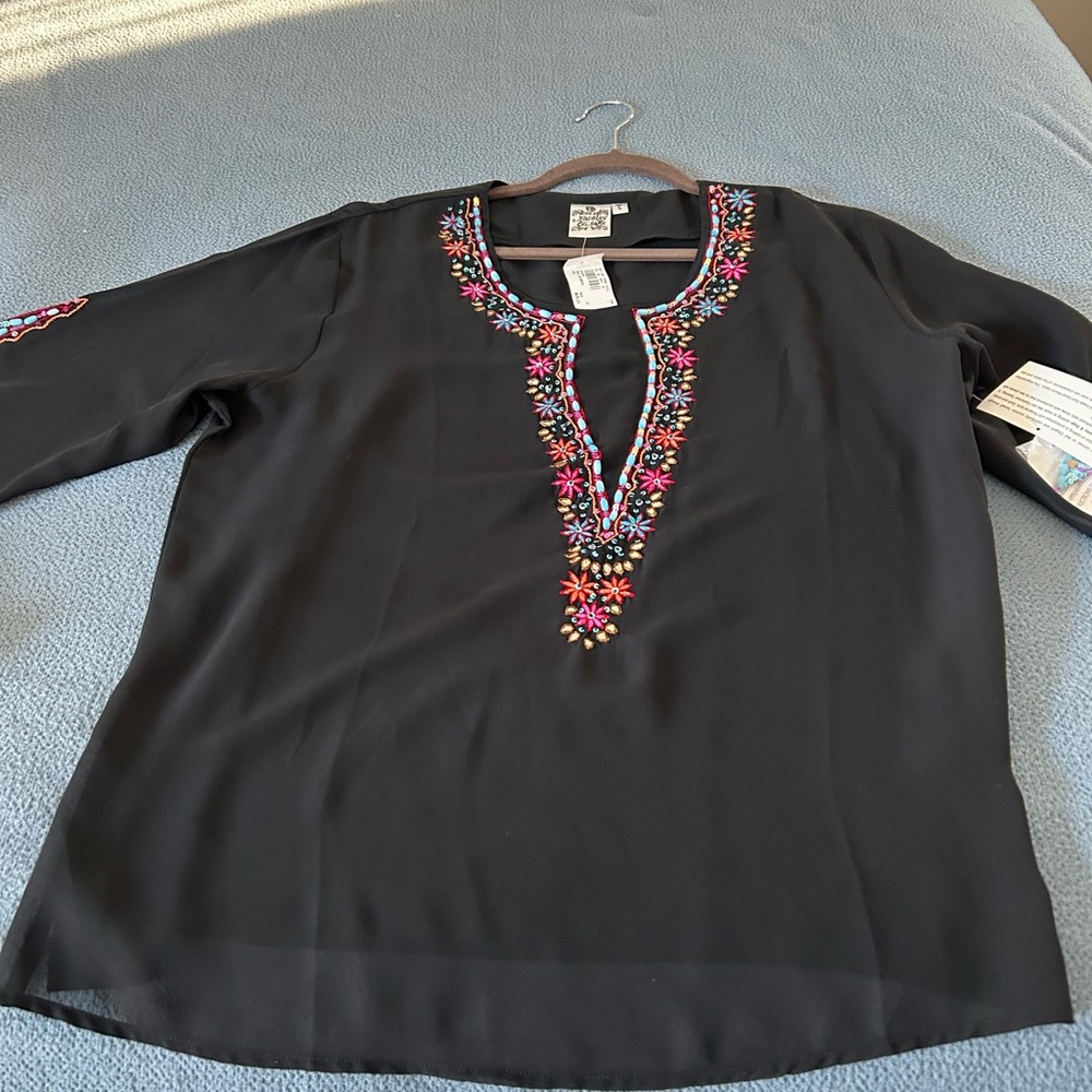 Black Top with Colorful Embroidery
